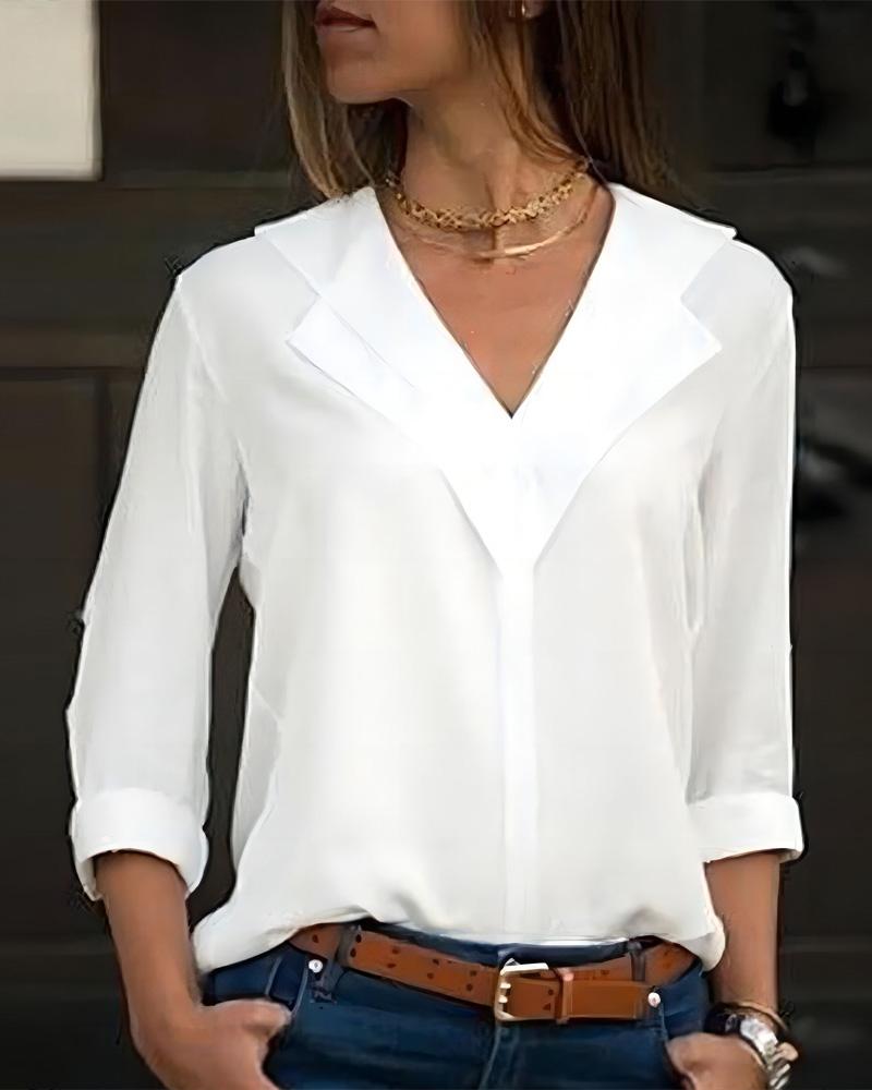 

Plain V-Neck Long Sleeve Top, White
