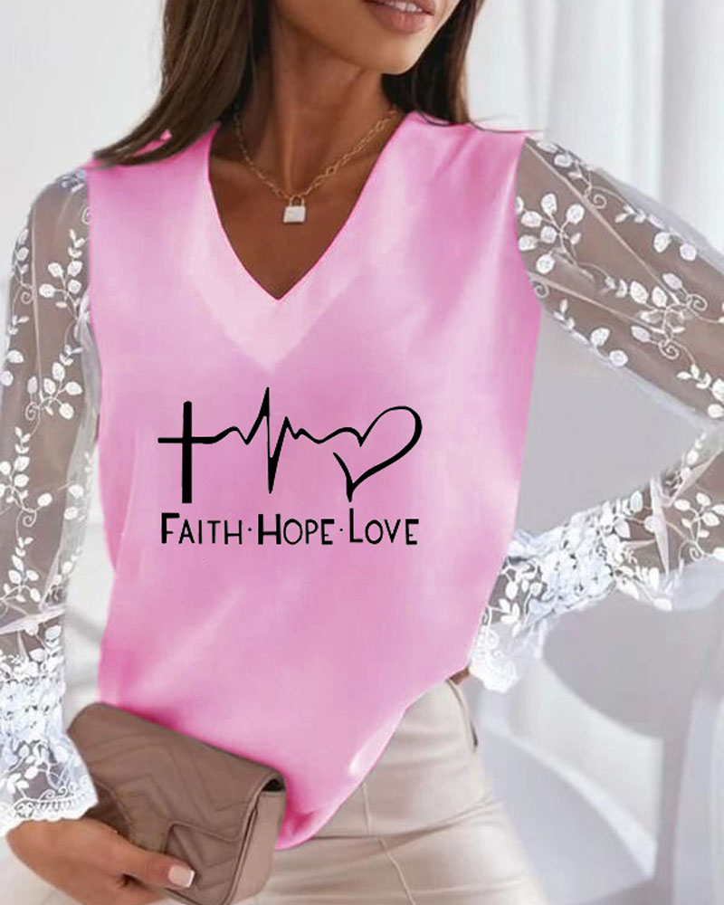 

Letter Heart Print Contrast Lace Long Sleeve Top, Pink