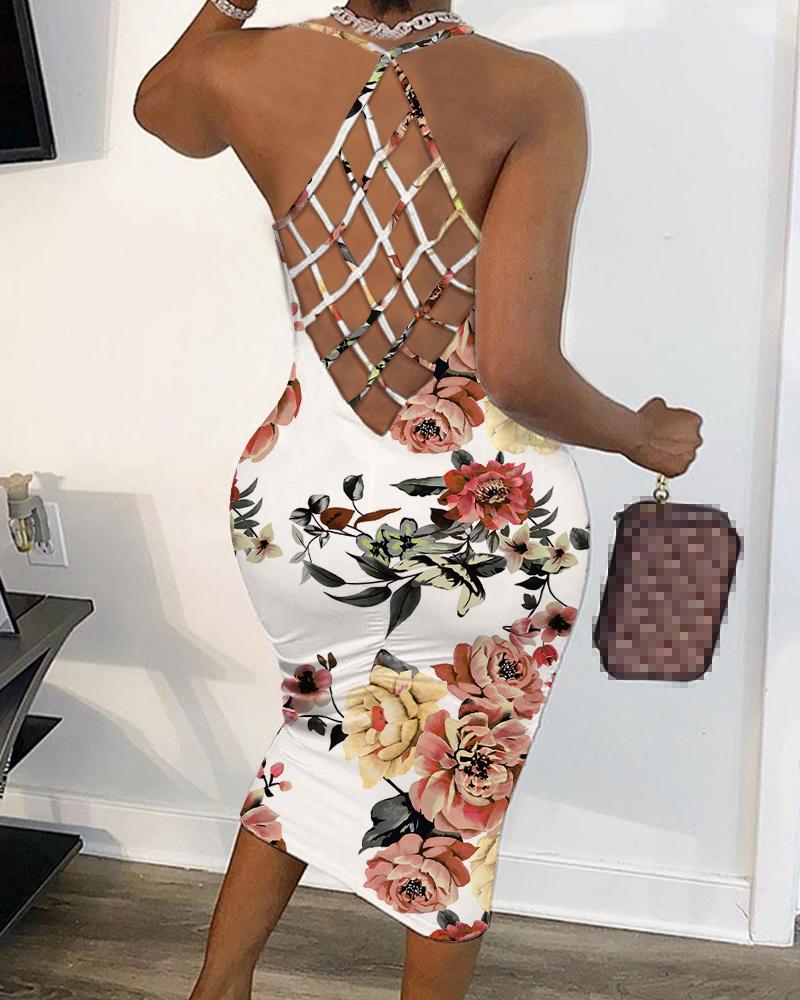 

Floral Print Fishnet Backless Midi Dress, Multicolor