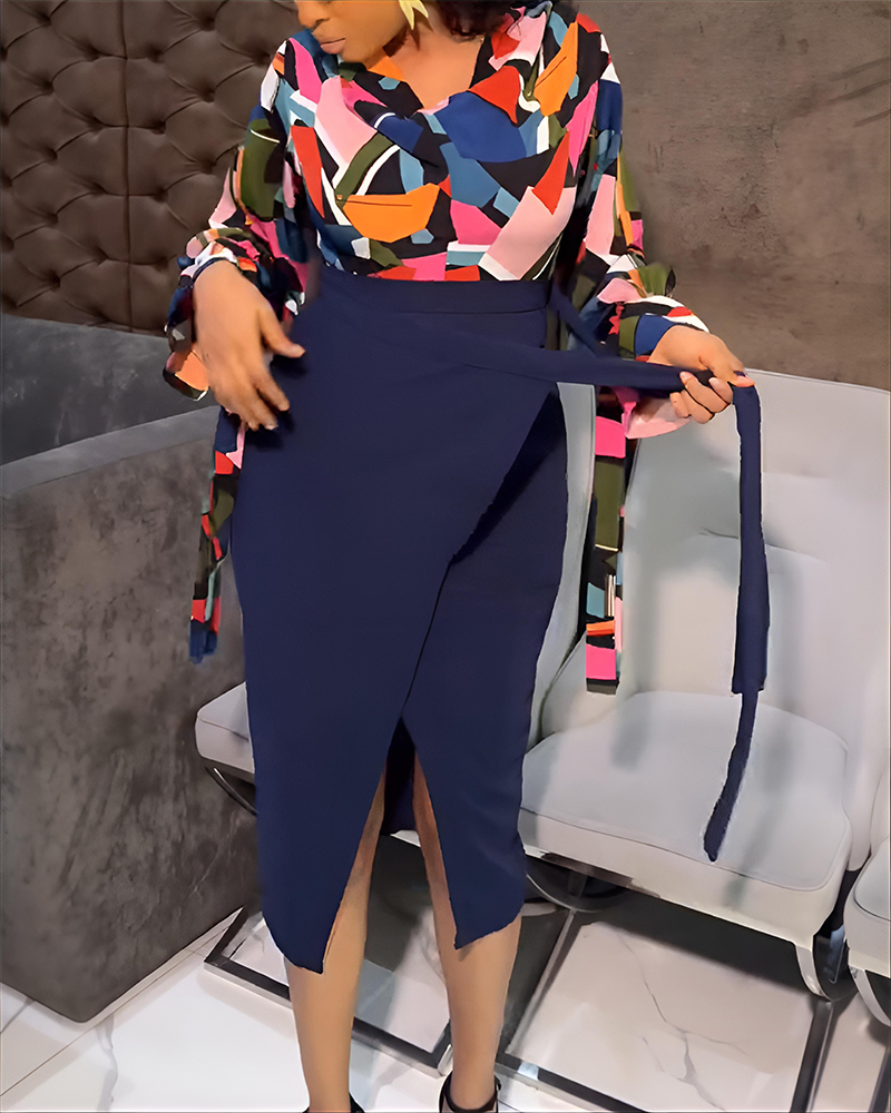 

2 Pieces Outfit Colorblock Geometric Print V-Neck Flare Sleeve Tie Cuffs Top and High Waist Zipper Back Bow Tie Waist Wrap Front Slit Skirt Set, Multicolor