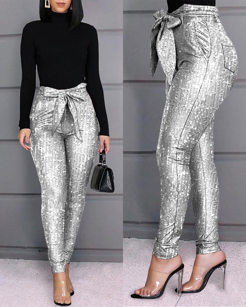 

Glitter Sequins Belted Skinny Pants, Silver