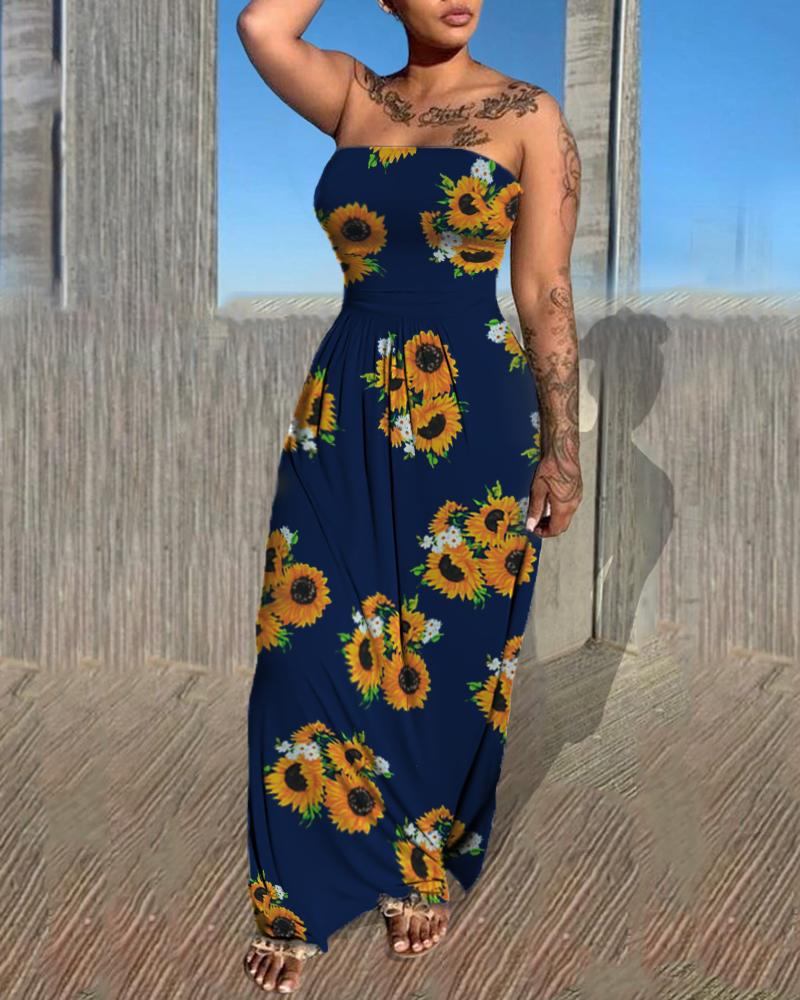 

Off Shoulder Sunflower Print Maxi Dress, Purplish blue