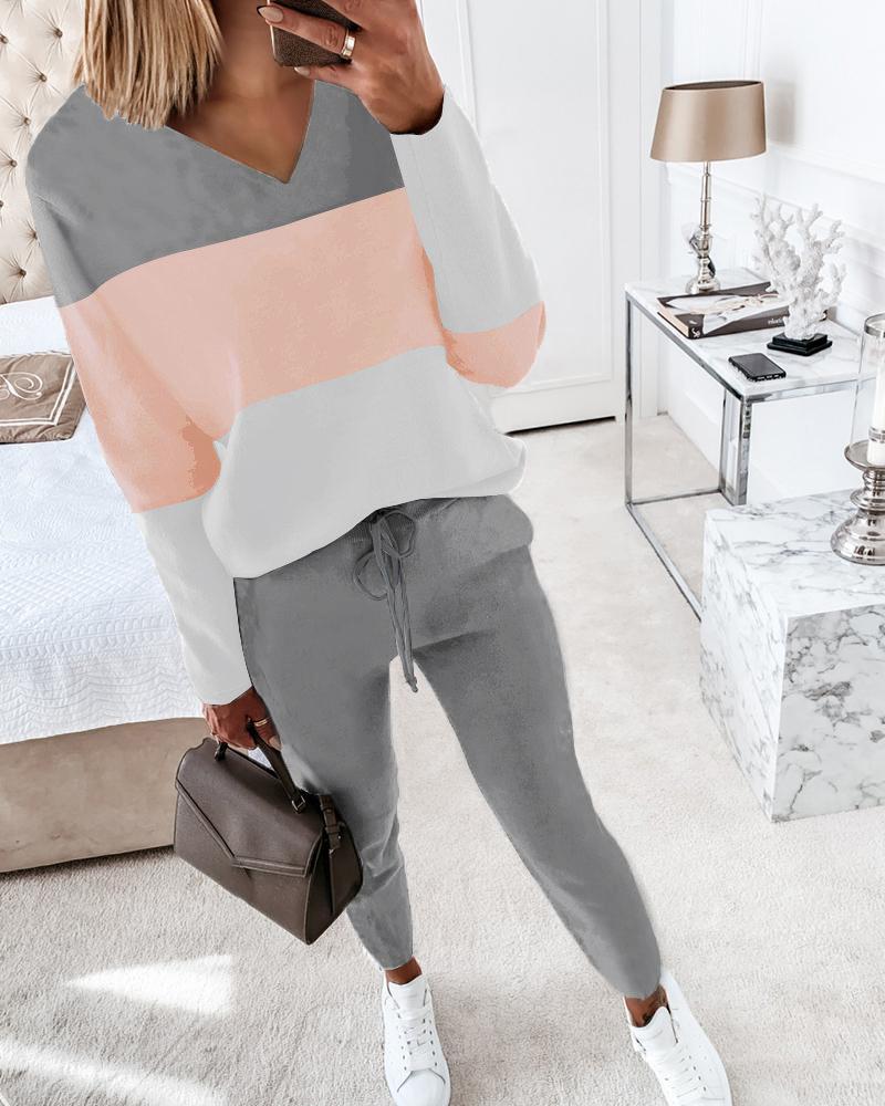

Colorblock Long Sleeve Top & Drawstring Pants Set, Gray