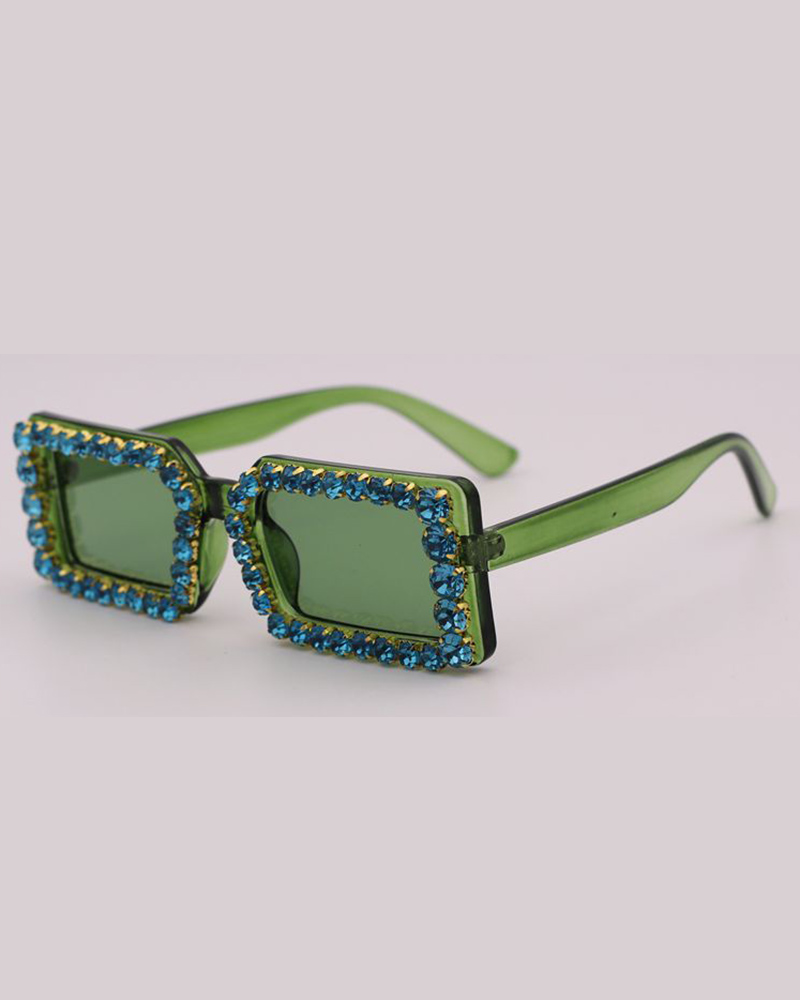 

1Pair Vintage Rhinestone Rectangular Trendy Tinted Sunglasses, Green