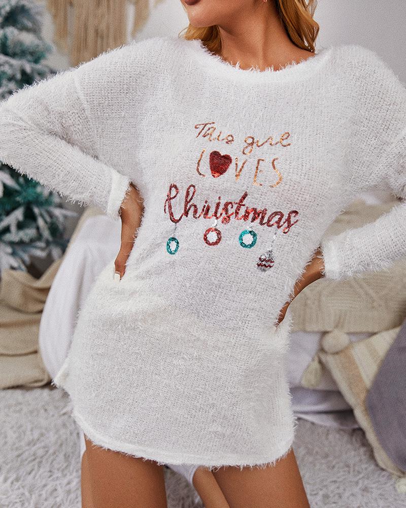 

Christmas Sequins Long Sleeve Fluffy Sweater Dress, White