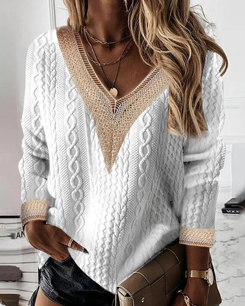 

Contrast Lace Long Sleeve Cable Textured Sweatshirt, White