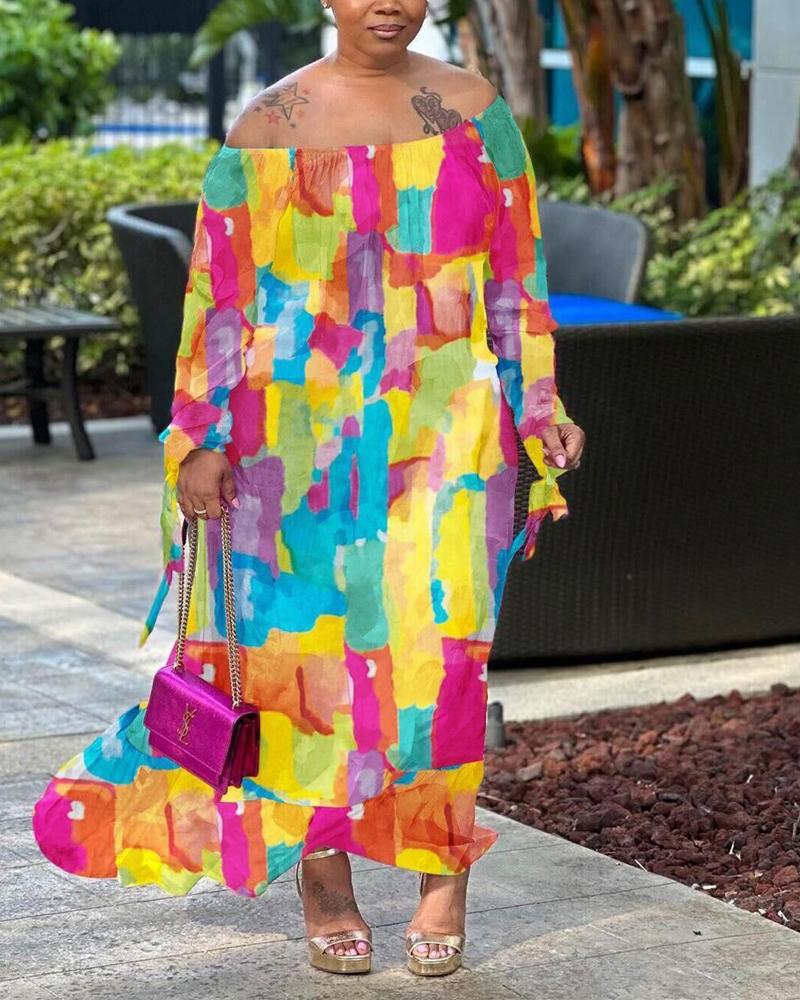 

Plus Size Multi Colors All Over Print Ruffles Maxi Dress, Multicolor