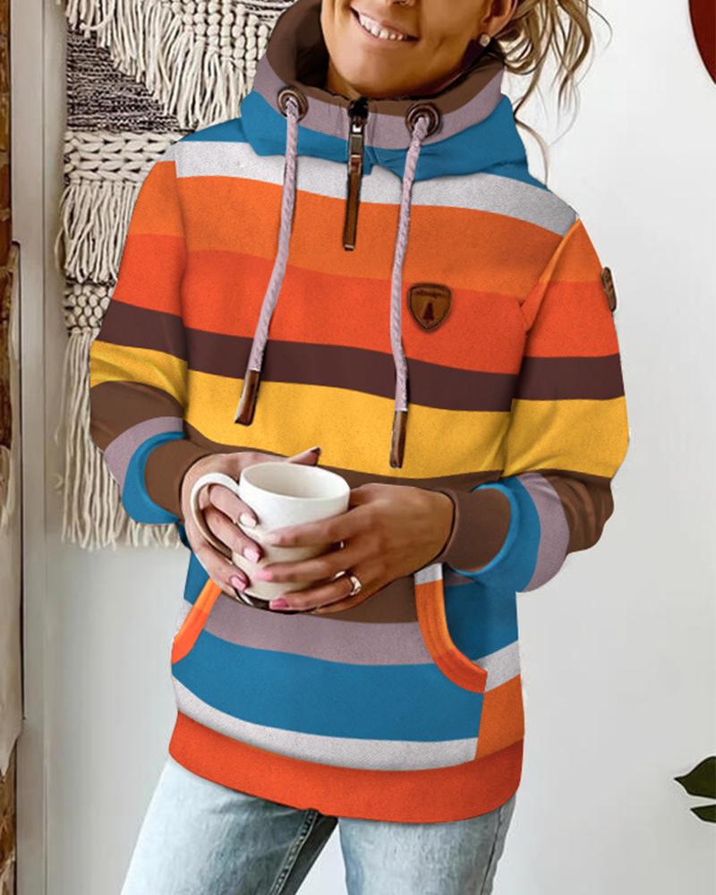

Colorblock Striped Print Long Sleeve Drawstring Hoodie, Multicolor