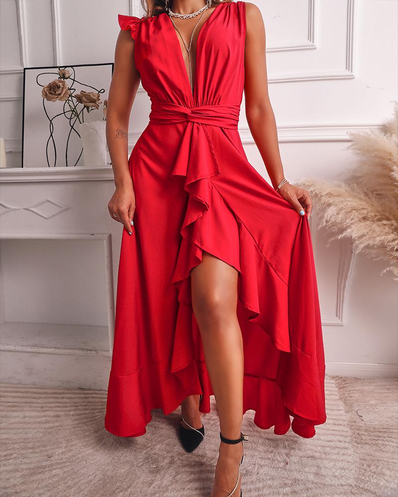 

Deep V-Neck Ruffle Hem Slit Prom Dress, Red