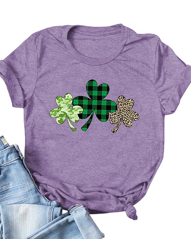 

St.Patrick' Day Clover Print Short Sleeve T-Shirt, Purple