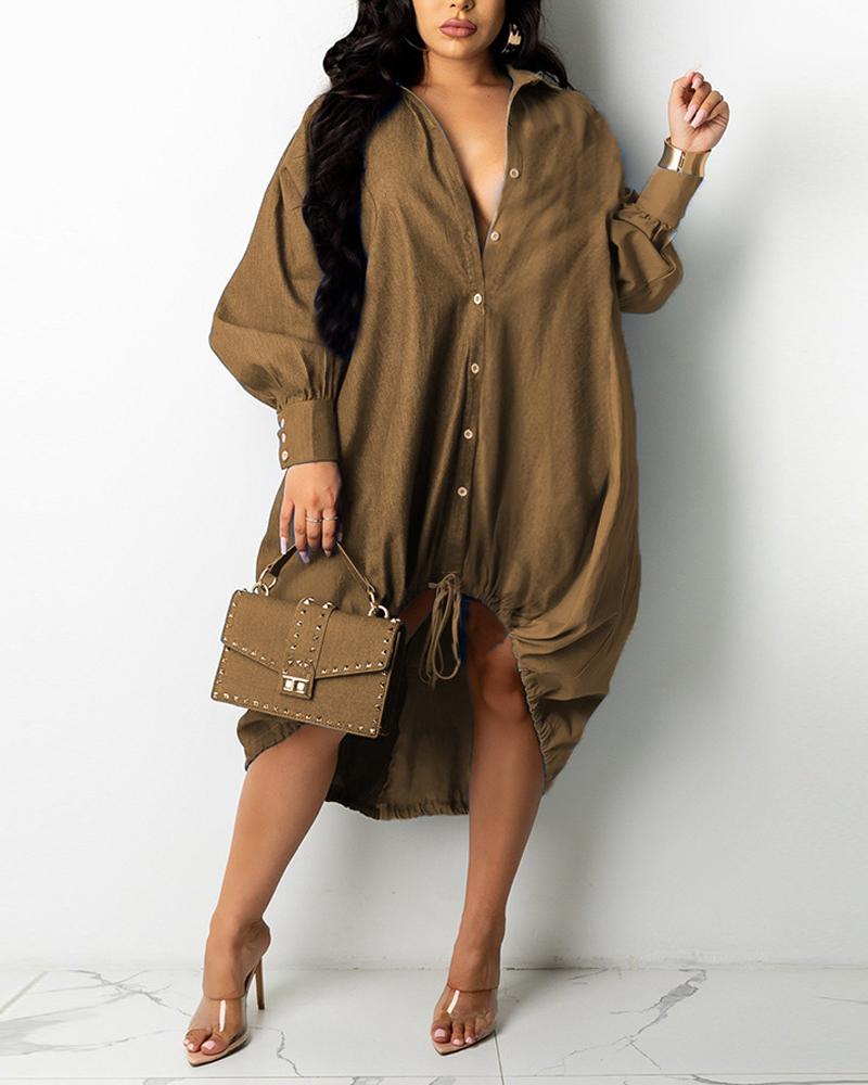 

Long Sleeve Button Down Shirt Dress, Khaki