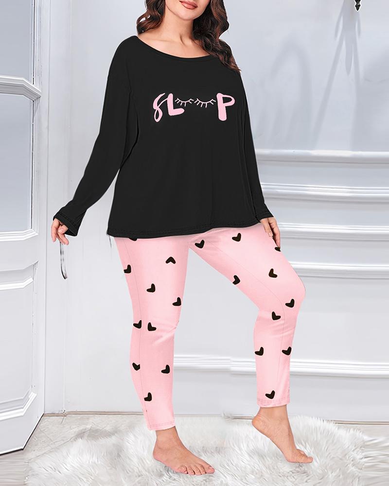 

Plus Size Sleep Figure Heart Print Scoop Neck Pajamas Set, Pink