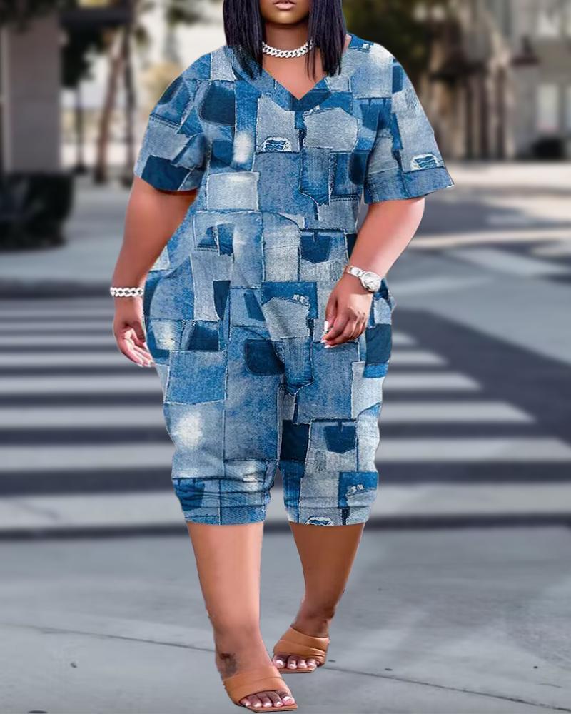 Plus Size Denim Look Print Short Sleeve Jumpsuit