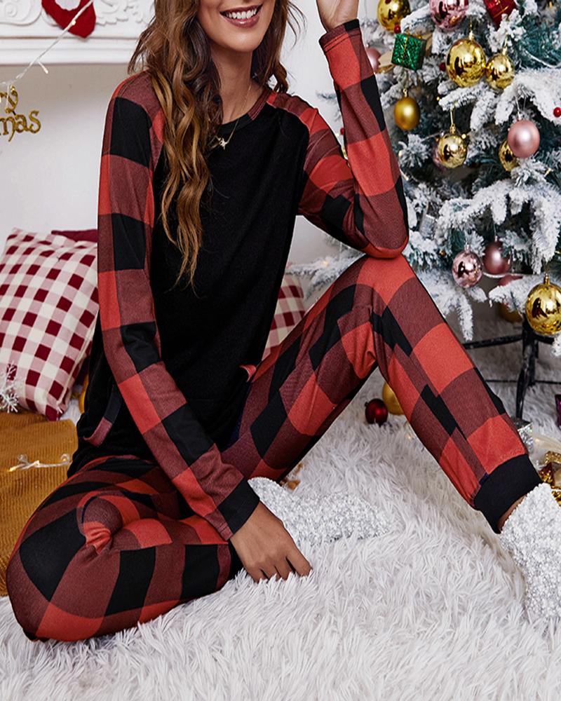 

Christmas Plaid Print Long Sleeve Top & Pants Set, Red