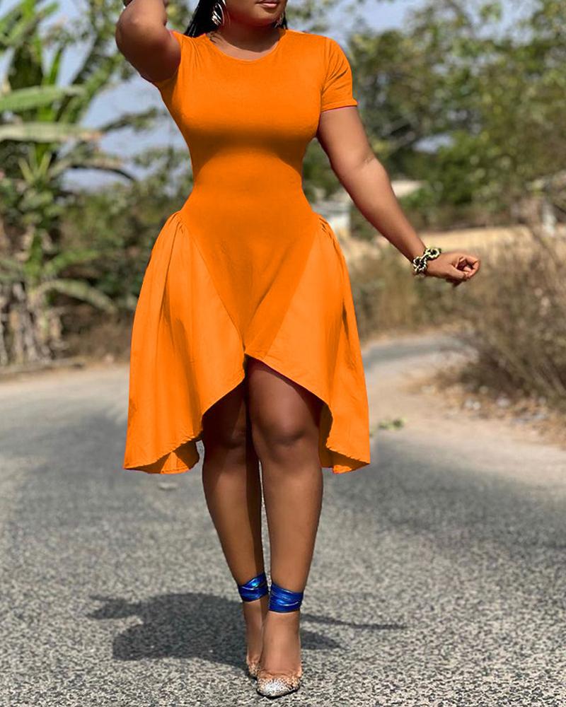 

Patchwork Short Sleeve Asymmetrical Casual Dress, Orange