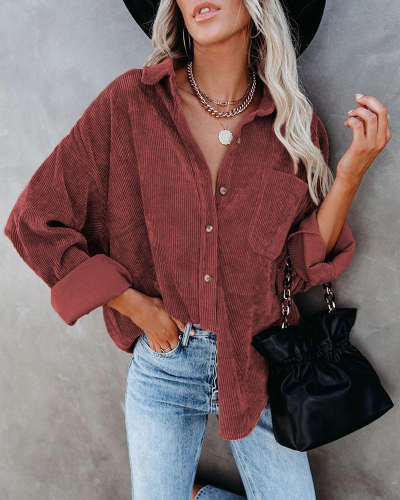 

Long Sleeve Button Front Corduroy Shacket, Wine red