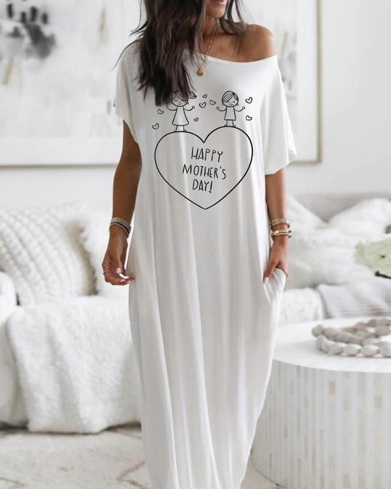 

Heart Print Short Sleeve Casual Dress, White