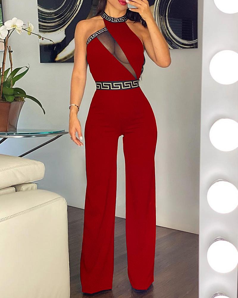 

O Neck Cutout Sheer Mesh Jumpsuit, Red