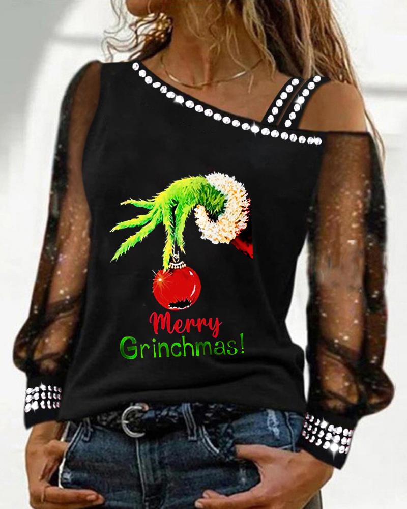 

Christmas Grinch Hand Print Studded Sheer Mesh Top, Black