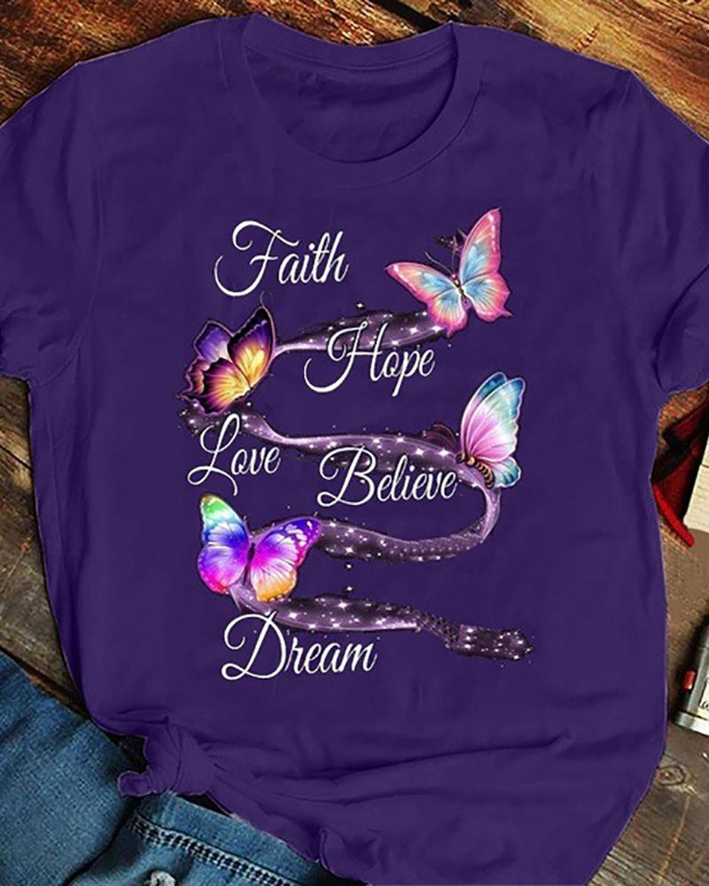 

Letter Butterfly Print Short Sleeve T-shirt, Purple