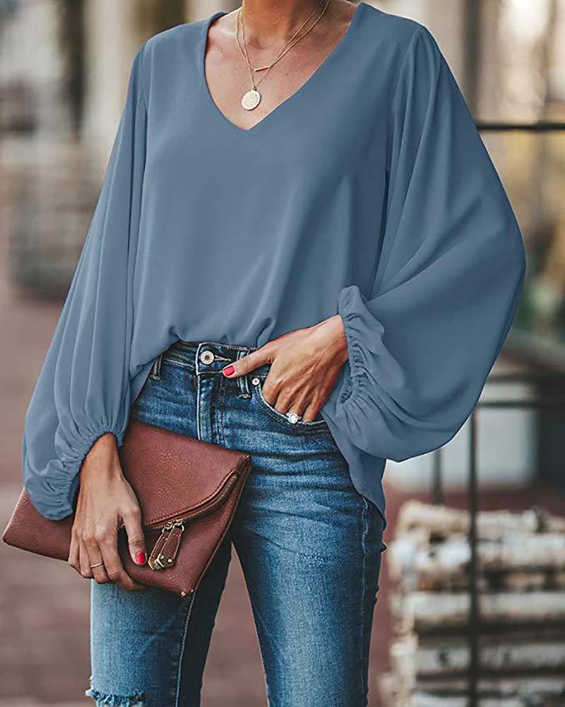 

V Neck Puff Long Sleeve Loose Blouse, Blue