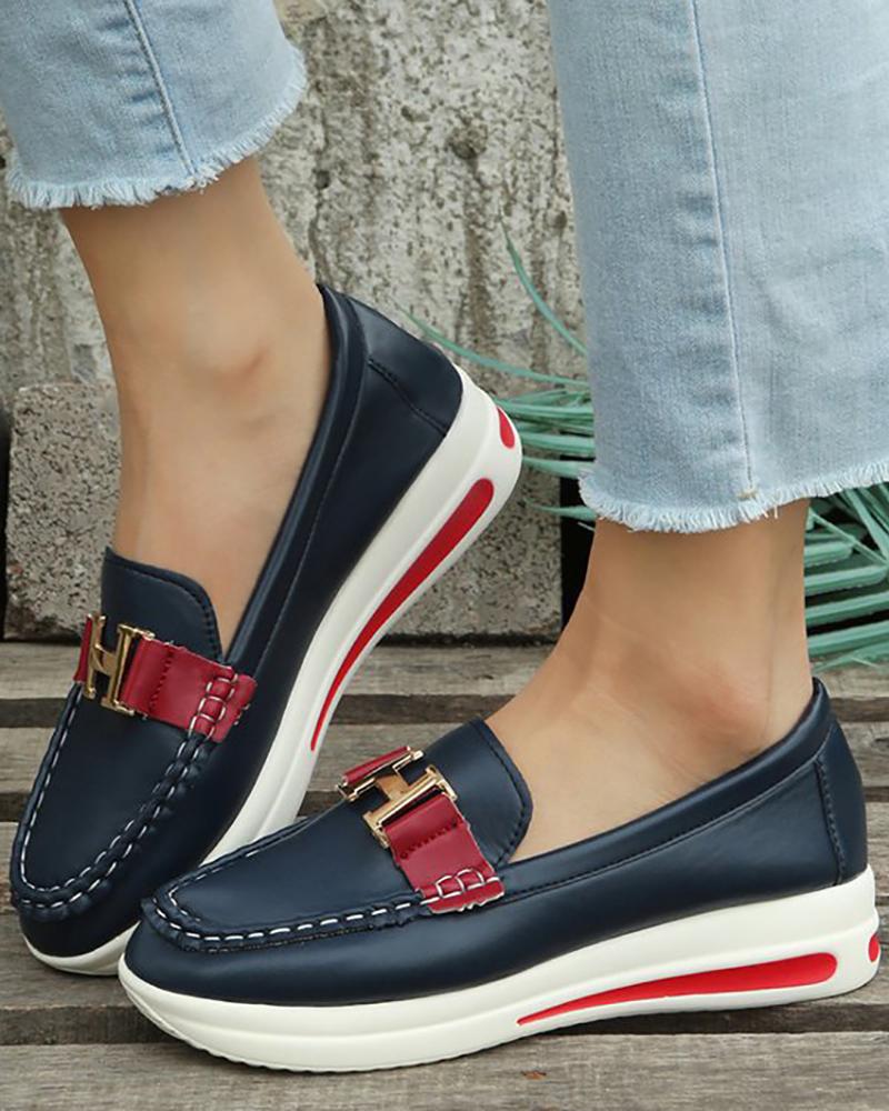 

Buckled Round Toe Slip On Muffin Loafers, Purplish blue