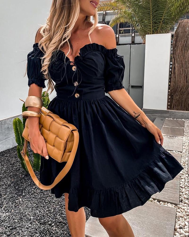 

Off Shoulder Button Design Frill Hem Dress, Black