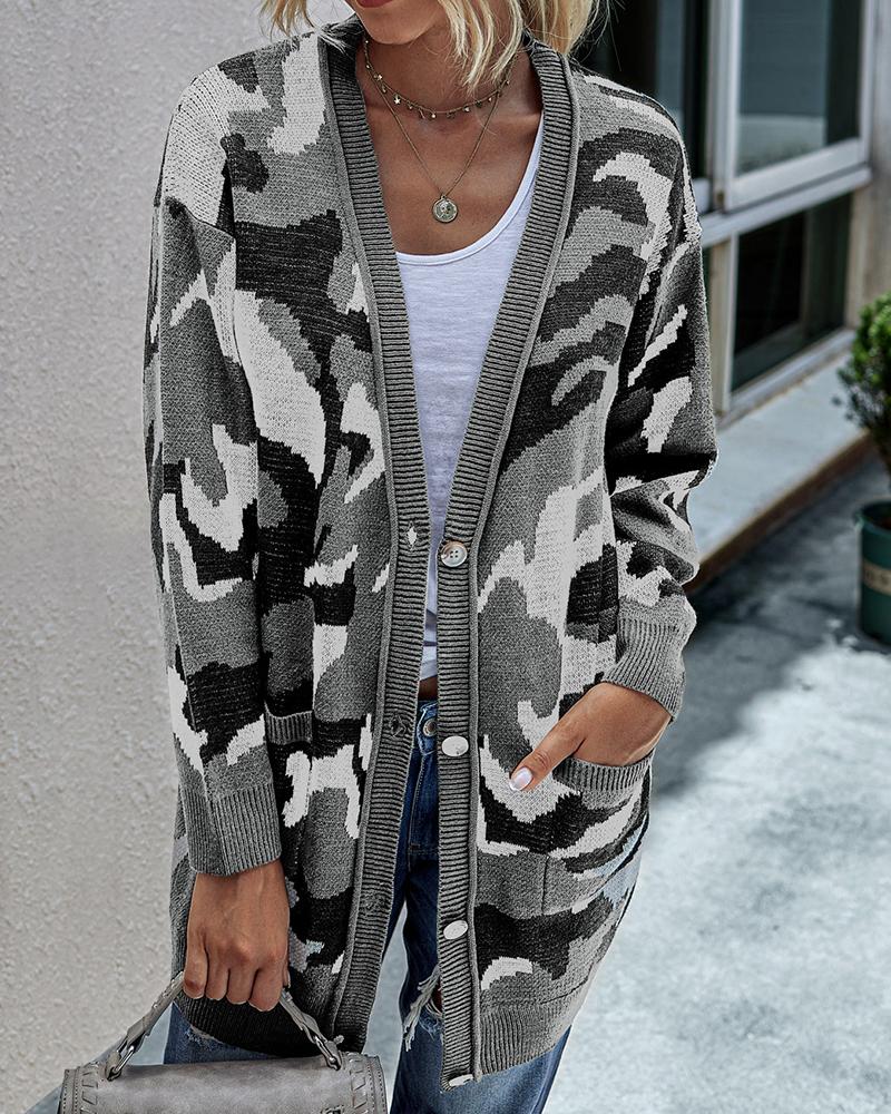 

Camouflage Print Long Sleeve Knit Cardigan, Gray