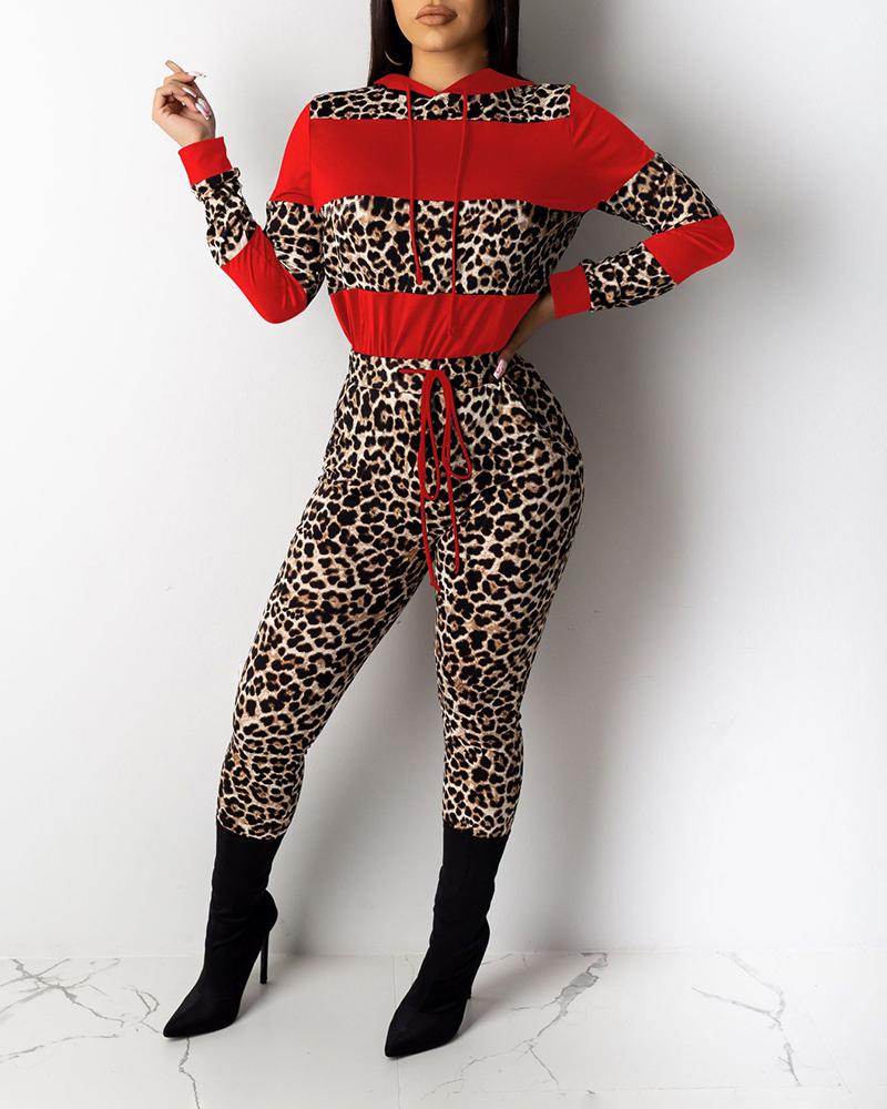 

Cheetah Print Colorblock Hooded Top & Pocket Design Pants Set, Red