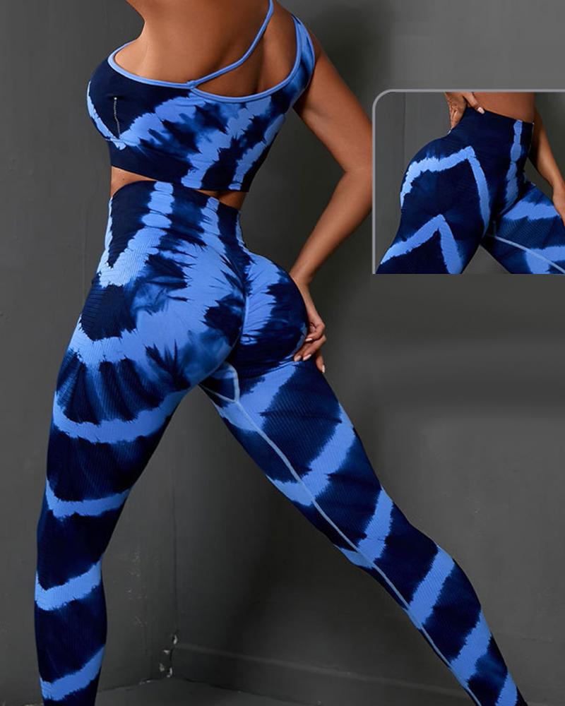 

Tie Dye Print Butt Lifting Tummy Control Active Sets, Blue
