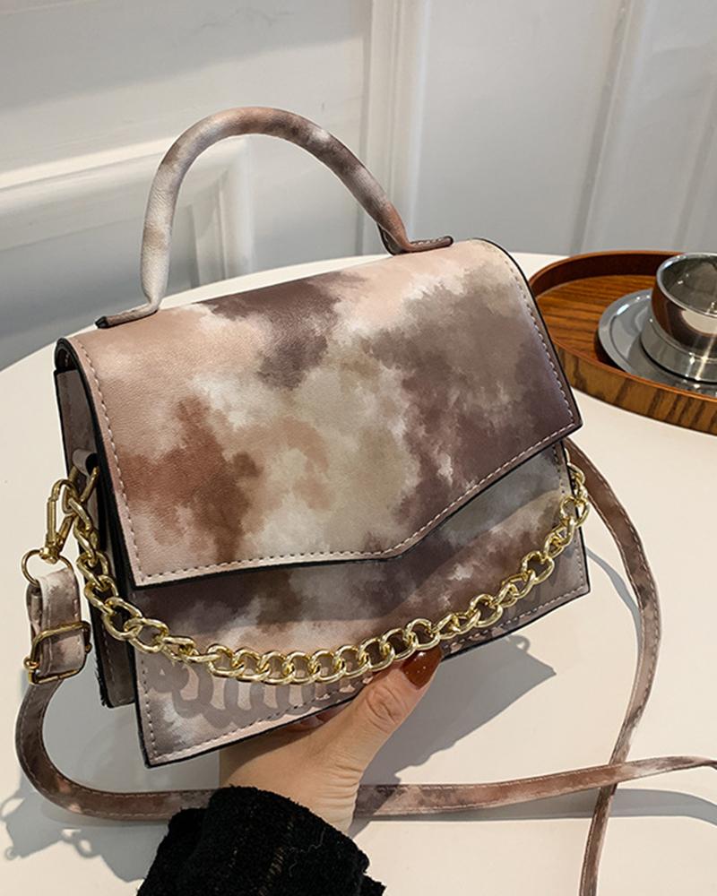 

Tie Dye Top Handle Chain Decor Satchel Bag, Brown