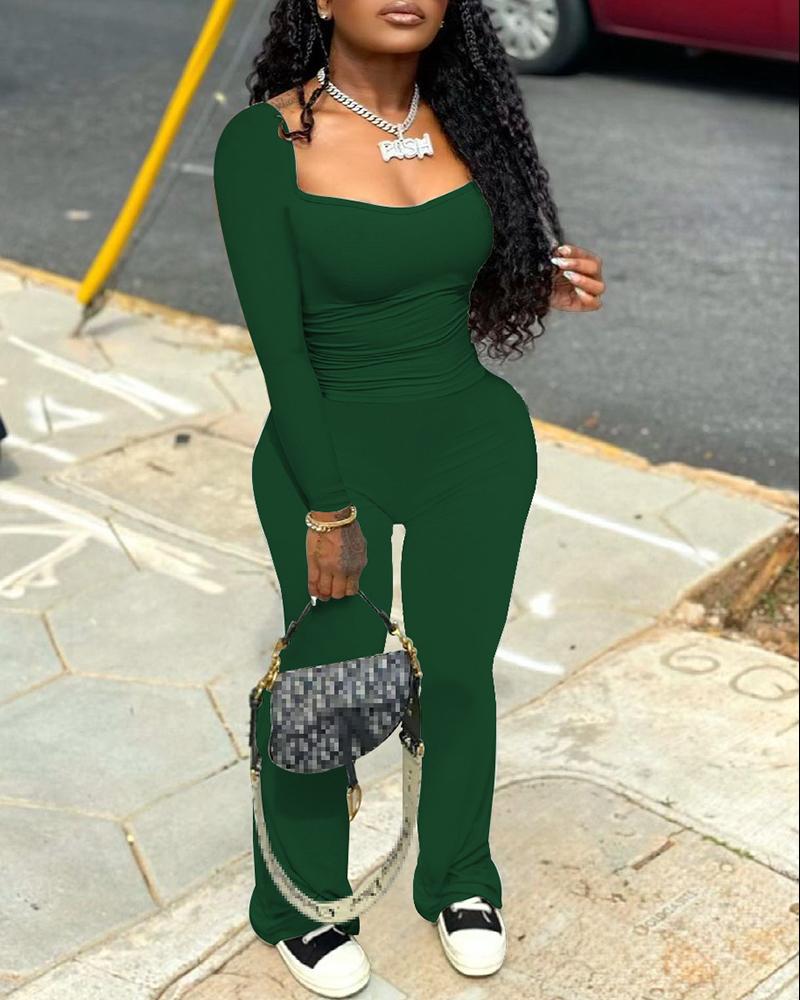 

Long Sleeve Square Neck Top & Bootcut Pants Set, Green