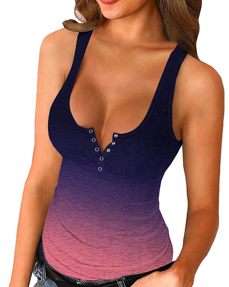 

Button Design Ombre Colorblock Tank Top, Purple