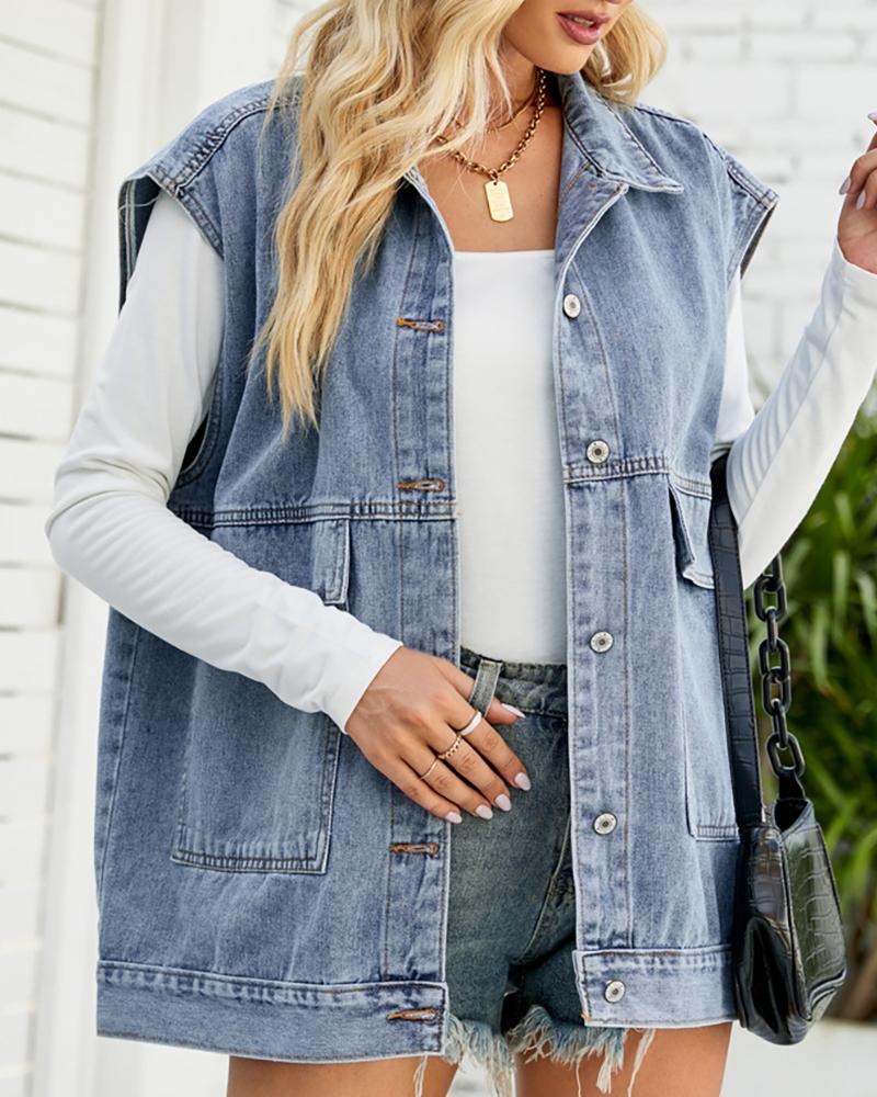 

Pocket Design Buttoned Cap Sleeve Denim Coat, Blue