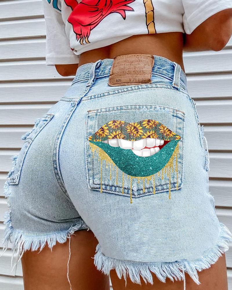 

Solid Color Patchwork Lip Print Denim Short Pants, Blue