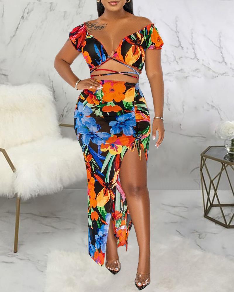 

Floral Print Plunge Lace-up Crop Top & Slit Maxi Skirt Set, Multicolor
