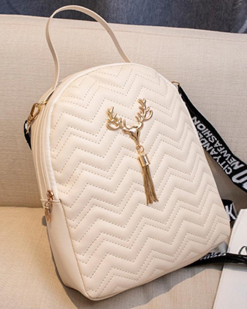 

Quilted Chevron Tassel Detail Backpack, White