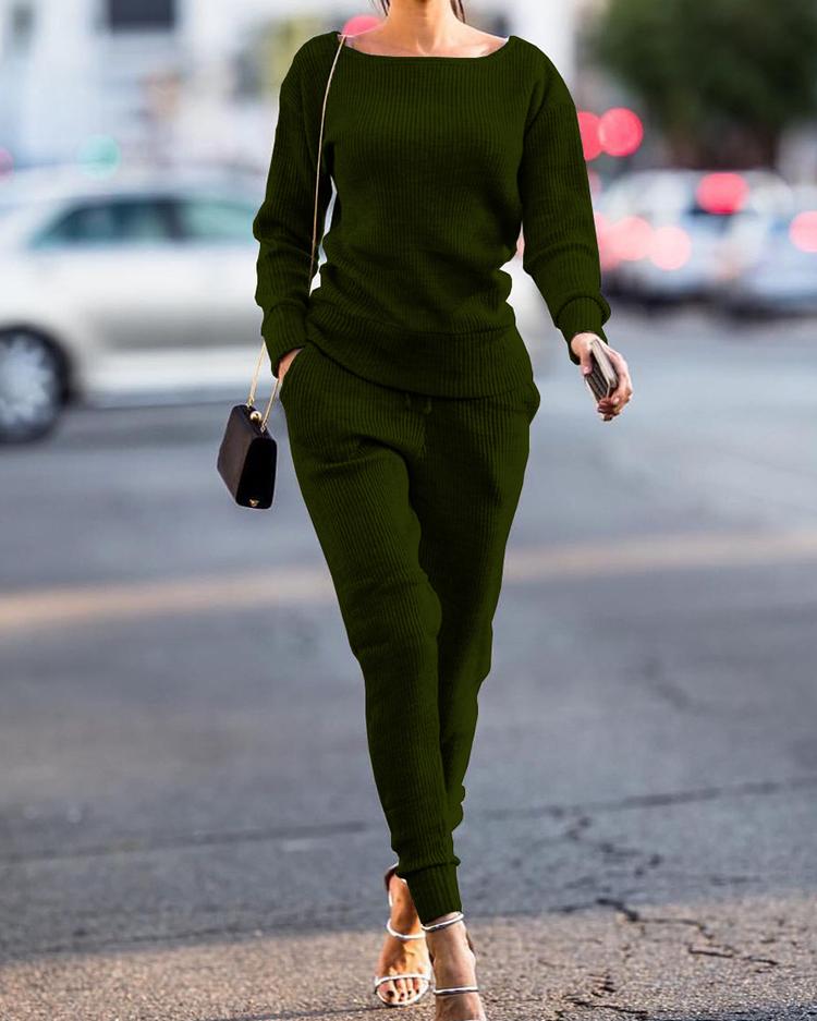 

Long Sleeve Drawstring Knitted Top & Pants Set, Army green