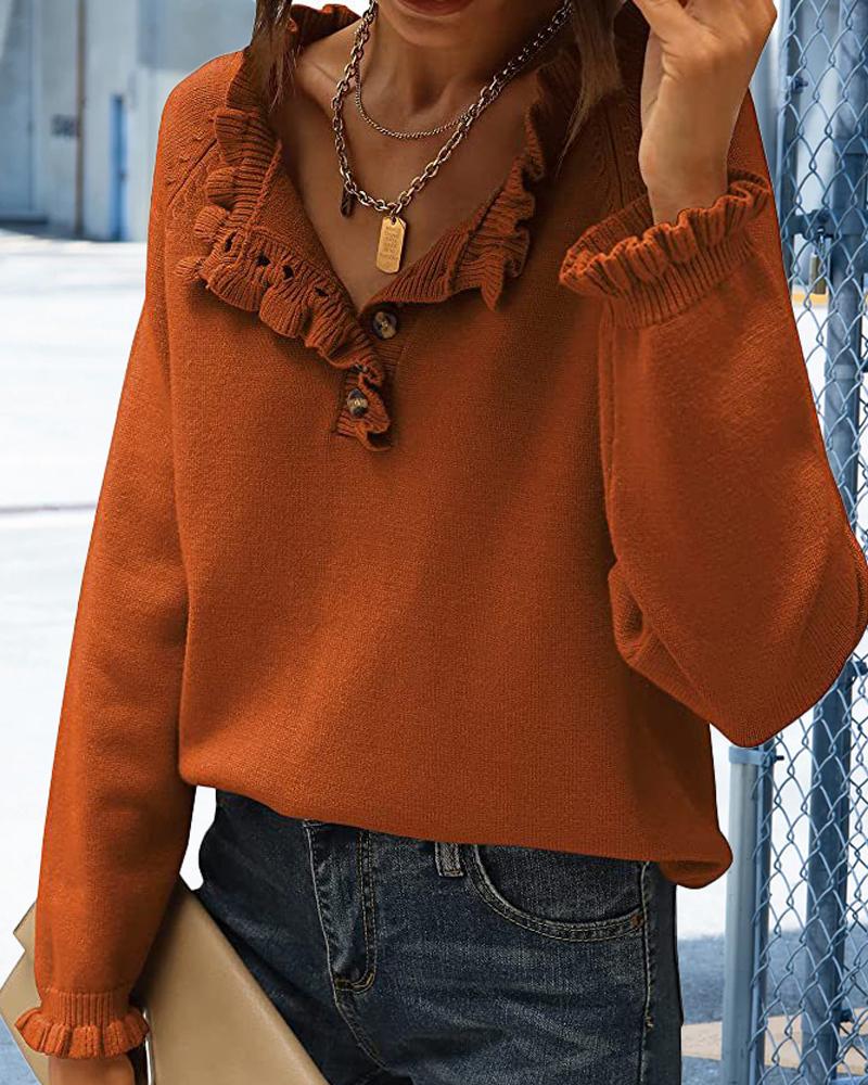 

Long Sleeve Button Front Ruffle Hem Knit Sweater, Orange