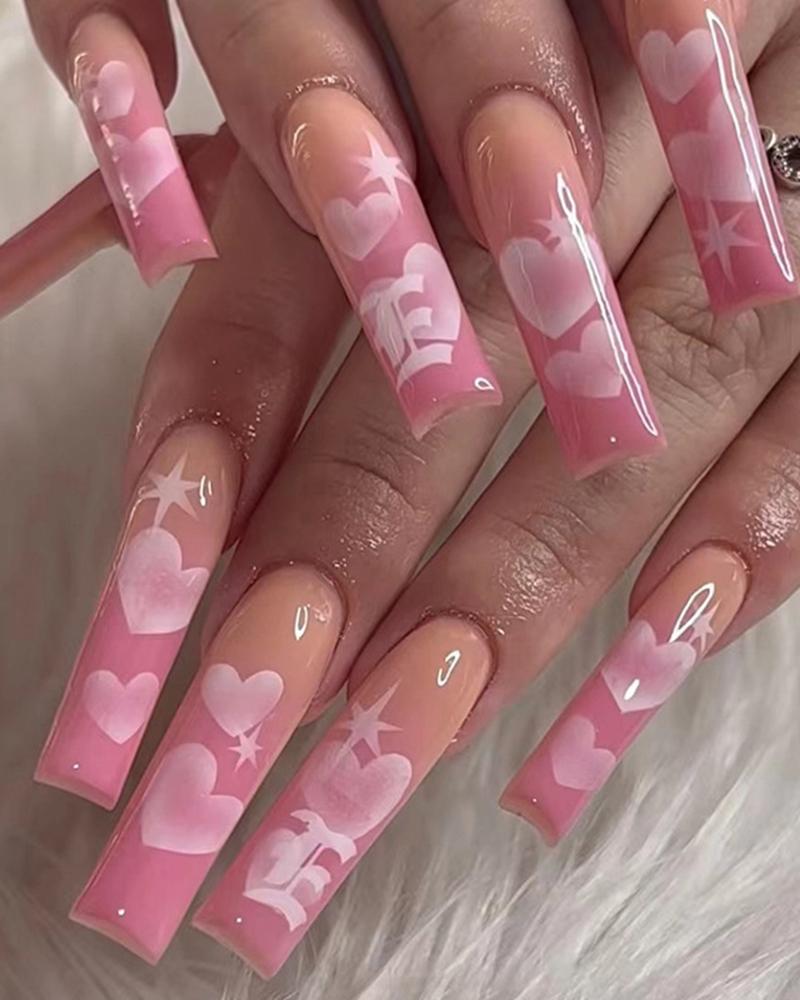 

24pcs Valentine's Day Heart Glossy Coffin Press On Fake Nails Set, Pink