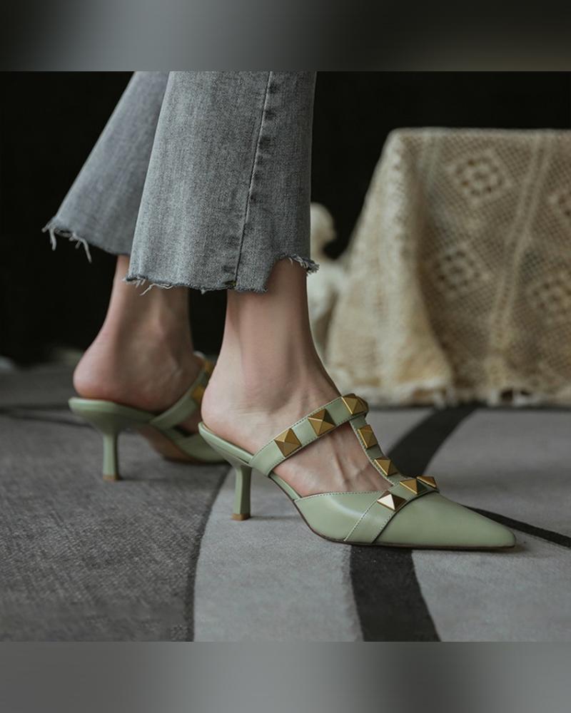 

Solid Studded Pointed-toe High Heel Sandals, Green
