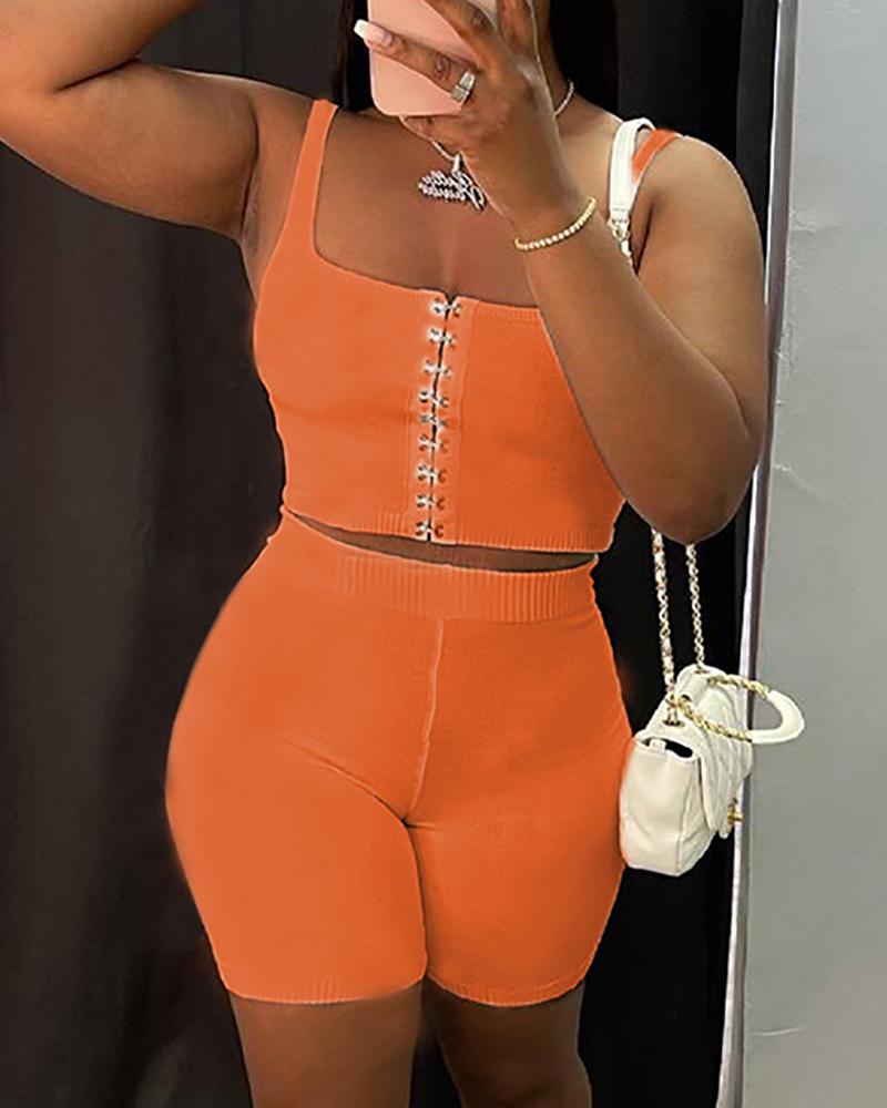 

Eyelet Lace-up Top & High Waist Shorts Set, Orange