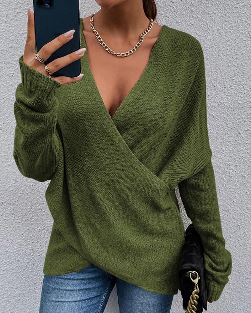 

Wrap Front Long Sleeve V-Neck Sweater, Green