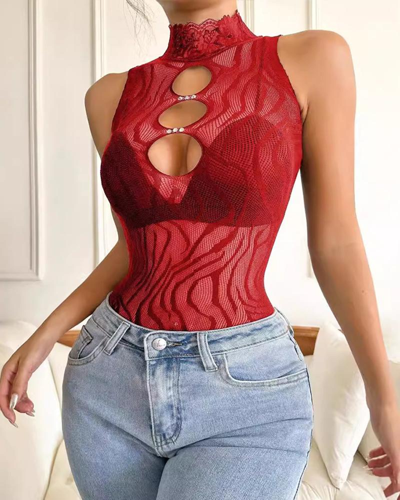 

Bodysuit sem mangas com decote alto e vazado Teddies Sexy High Strechy Slim Fit Lingerie, Red