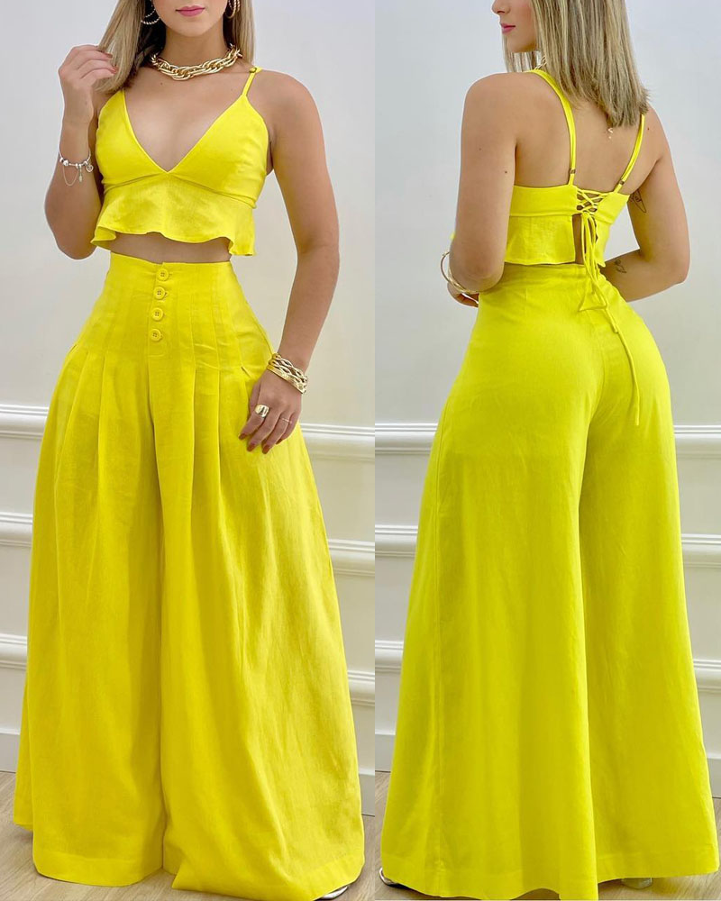 

Ruffle Hem Lace-up Crop Cami Top & Wide Leg Pants Set, Yellow