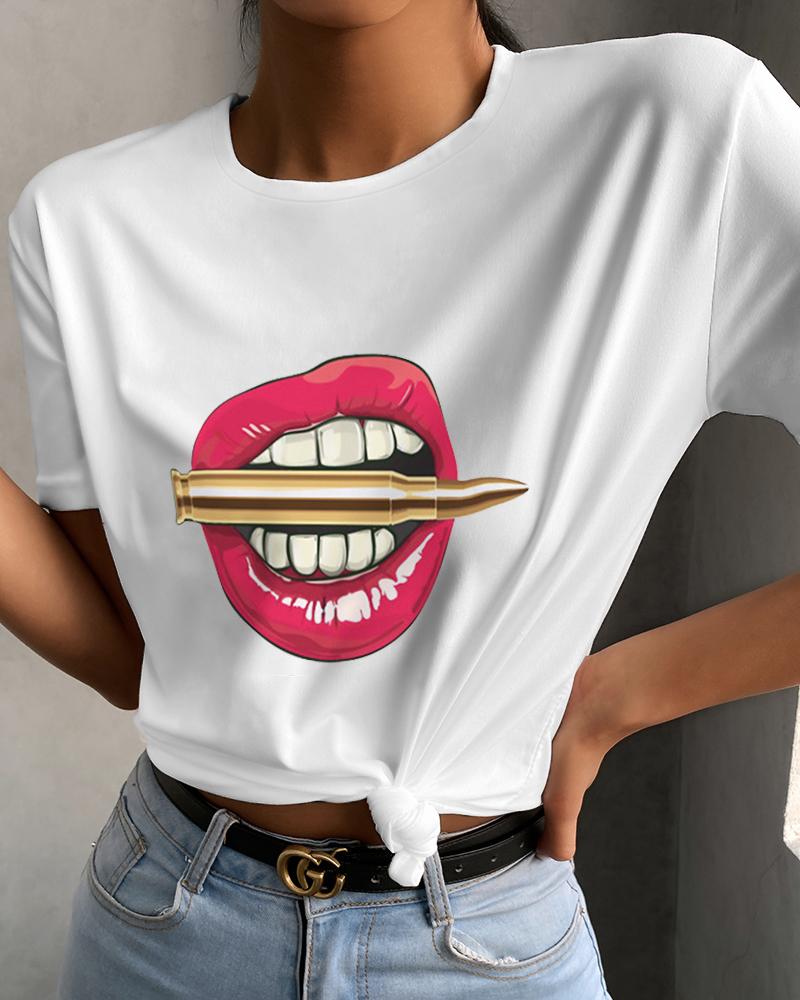 

Lip Print Short Sleeve Casual T-shirt, White