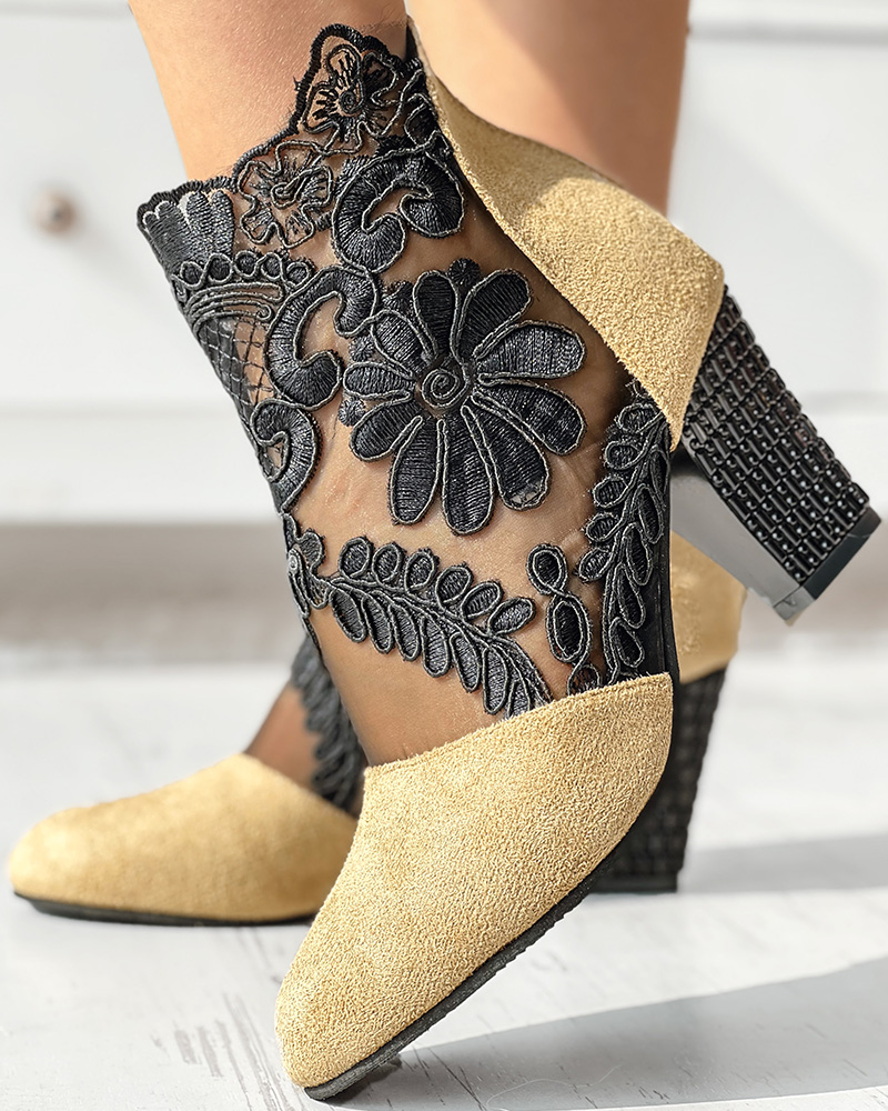 Bottines à talon épais et motif floral avec patch en dentelle