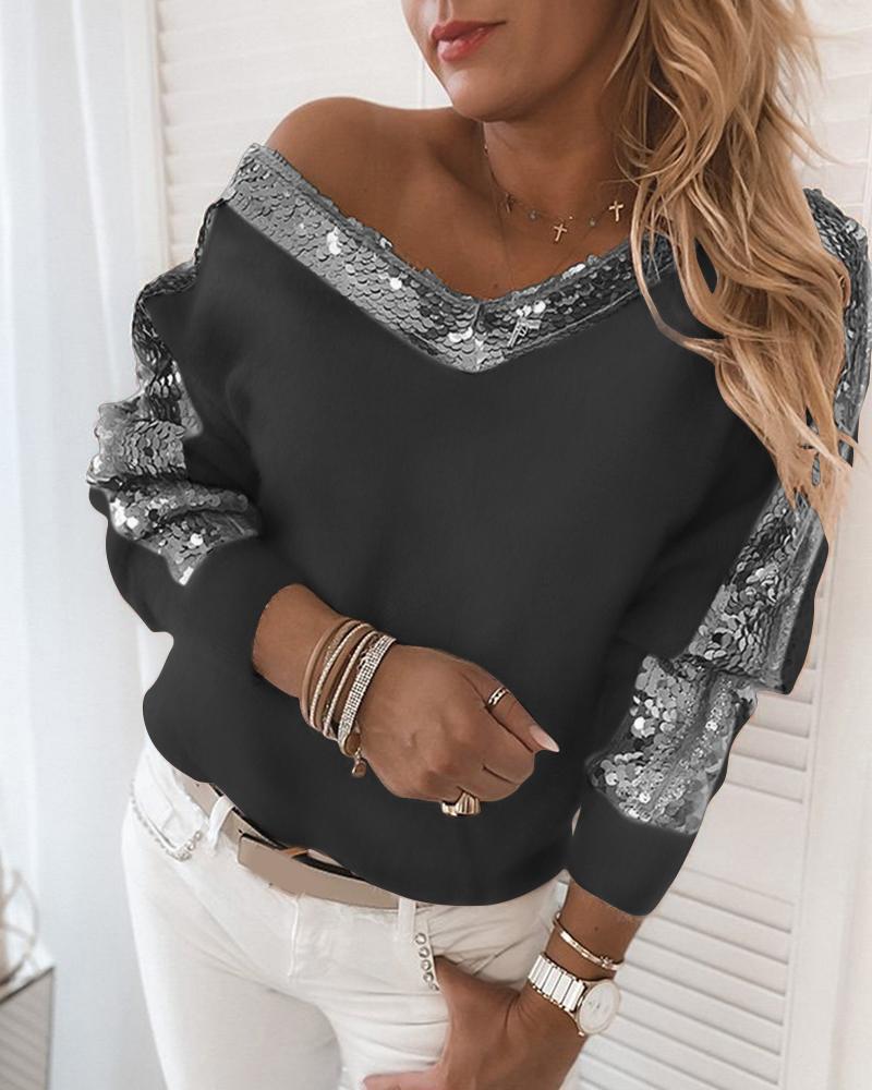 

Sequins Contrast Fluffy Long Sleeve Sweater, Black