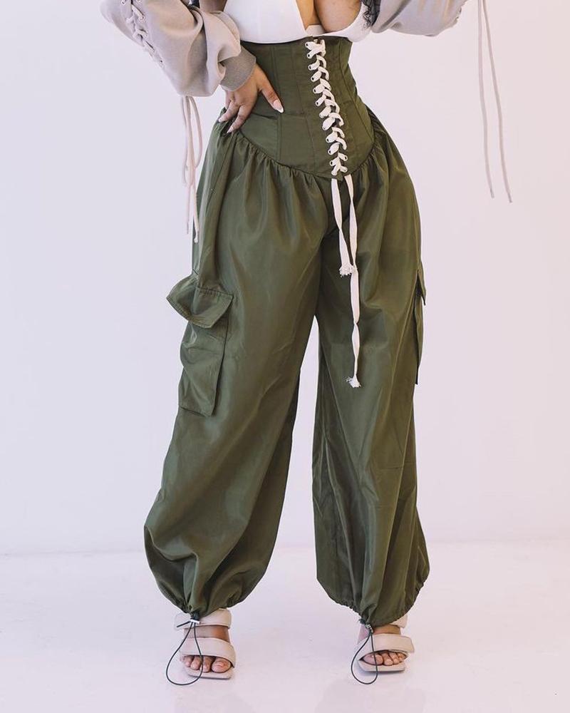 

High Waist Eyelet Lace Up Wide Leg Pants, Green