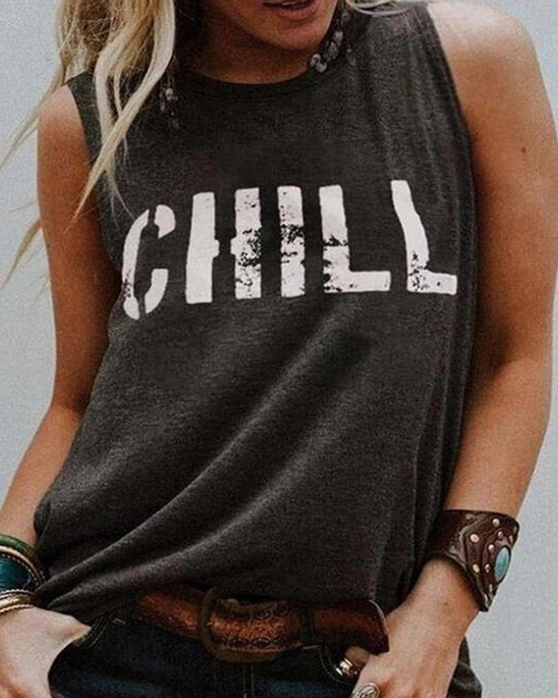 

Letter Print Round Neck Sleeveless Tank, Dark grey